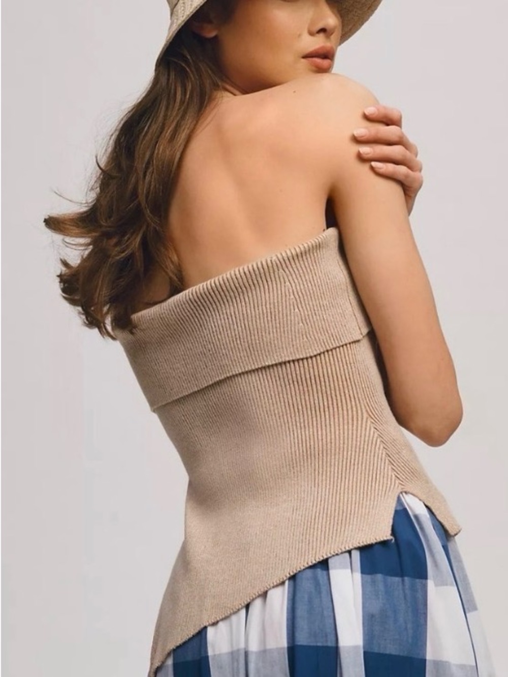 NWT New Mon Renn Beige Asymmetrical Strapless Knit Sweater Tube Top Small [CH] - Picture 6 of 12